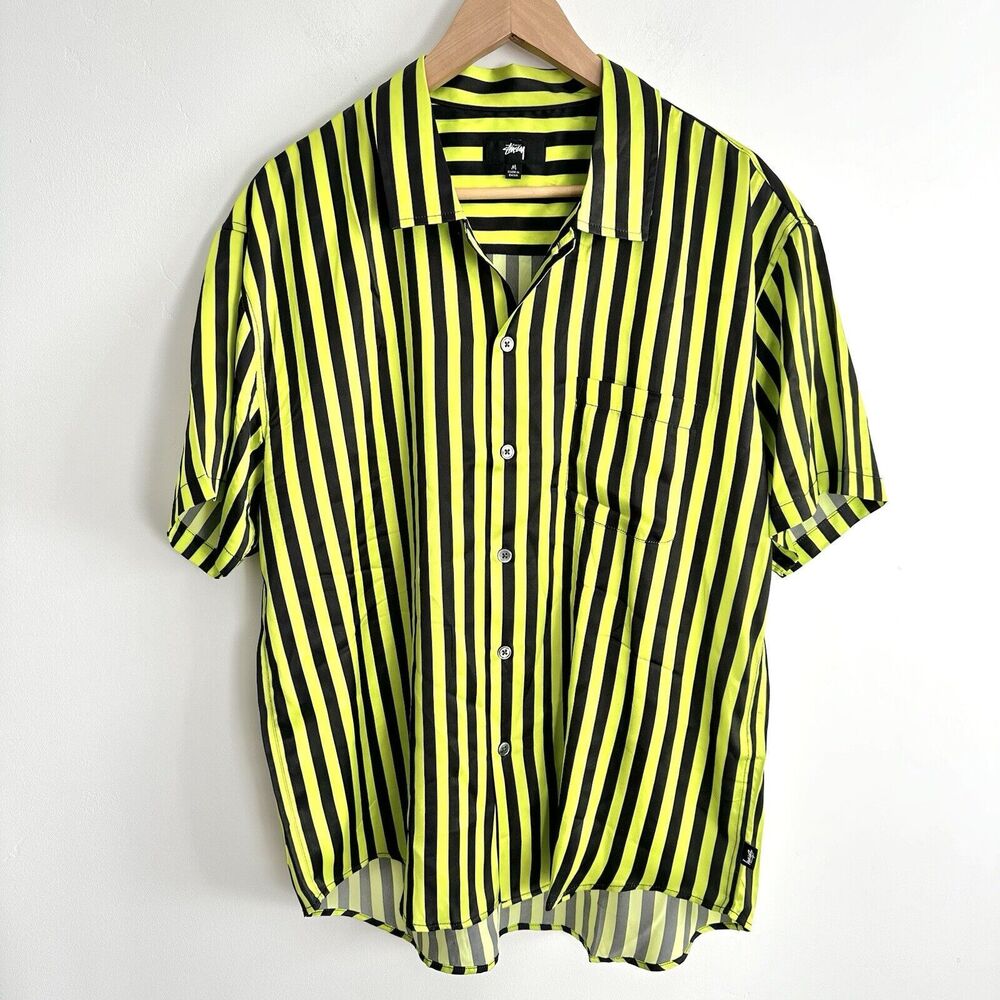 NWOT RARE Stussy Stripe Print Silk Shirt Sz M Stussy Supreme Neon Green Black
